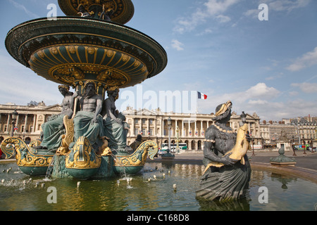 Hittorff's fountain and Hotel de Crillon at Place de la Concorde, Paris, France Stock Photo