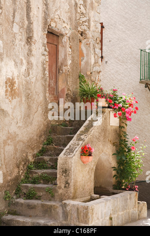 Stone steps to a medieval house in Entrevaux, France Stock Photo