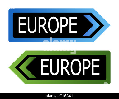 Two directional European road sign isolated on white background. Stock Photo