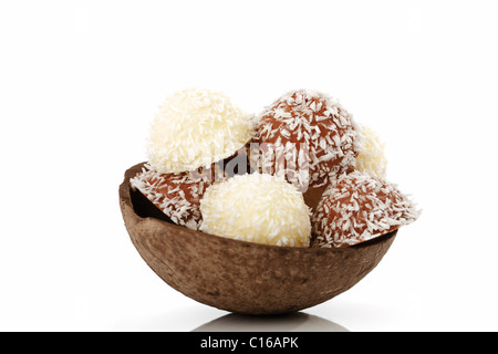 Coconut and chocolate-coated marshmallow treats in the half of a coconut Stock Photo