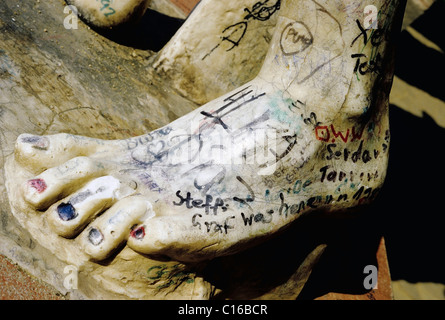 Foot of a roman statue, covered in the names of visitors, Xanten Archaeological Park, Lower Rhine, North Rhine-Westphalia Stock Photo