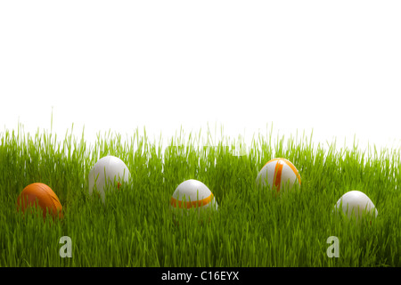 Five easter Eggs on green grass Stock Photo