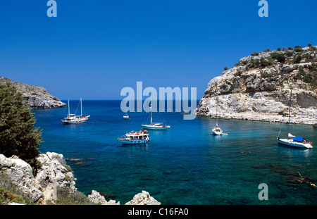Sailing boats in Anthony Quinn Bay near Faliraki, Rhodes, Dodecanese, Greece, Europe Stock Photo