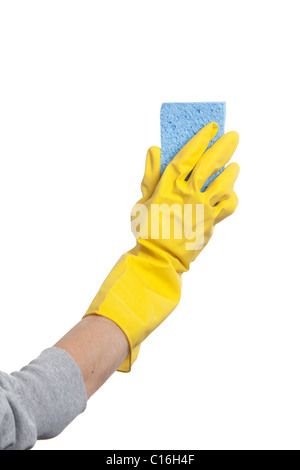 Yellow rubber glove holding scrub with cleaning cloth Stock Photo Alamy