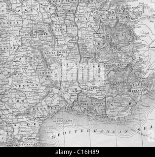 Old map of southern France from original geography textbook, 1884 Stock Photo