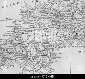 Old map of Devon County from original geography textbook, 1884 Stock Photo