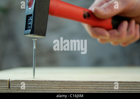 Hammer hitting the nail on the head Stock Photo