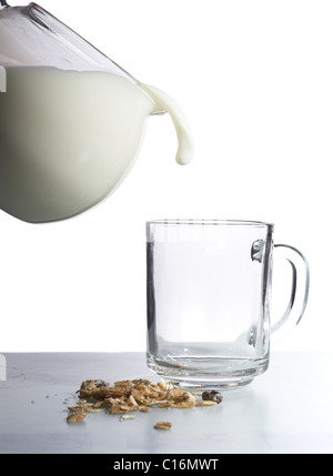 Isolated. Breakfast preapring using milk, muesli and corn flakes Stock Photo