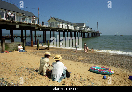 Southwold Pier,Suffolk,Britain. Traditional British seaside resort with sandy beach and sand castles. Stock Photo