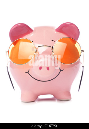 Piggy bank wearing retro sunglasses isolated on white Stock Photo - Alamy