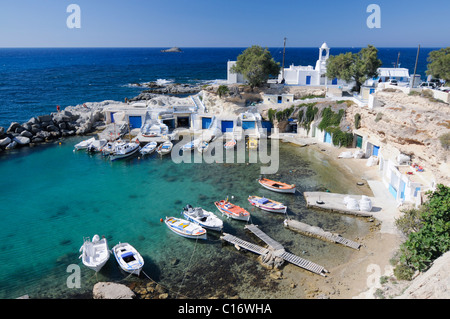 Small fishing village with boats and a port on Milos Island, Cyclades, Greece, Europe Stock Photo