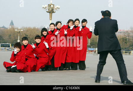 Chinese air hostesses pose in the capital, Beijing.  Beijing, China - 10.03.09  ** ** Stock Photo