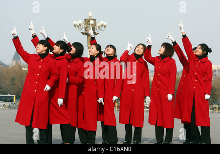 Chinese air hostesses pose in the capital, Beijing.  Beijing, China - 10.03.09  ** ** Stock Photo