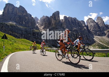 Racing cyclists on Passo Gardena mountain pass, Sella Ronda Bikeday, Val Gardena, Alto Adige, Dolomites, Italy, Europe Stock Photo