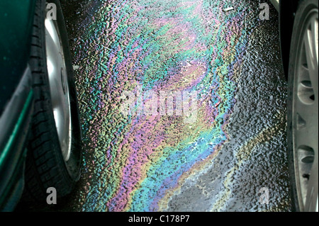 Petrol leaking from car in supermarket car park causing pollution Stock