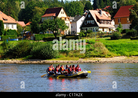 Group excursion in rubber dinghy on the Eble near Wehlen, Nationalpark Saxon Switzerland, Saxony, Germany, Europe Stock Photo