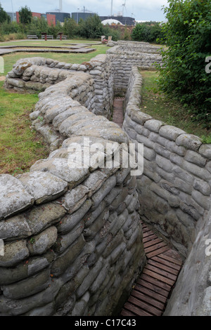 Reconstructed sandbags and trench in the recently excavated Yorkshire trench system, near Ieper (Ypres), Belgium. Stock Photo