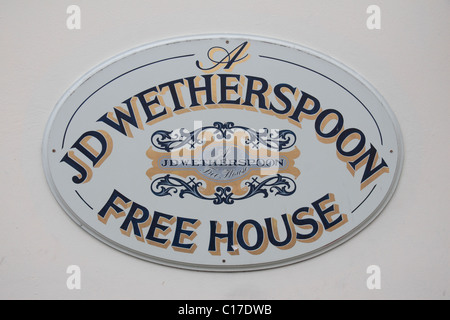 A JD Wetherspoon Free House sign outside a public house in Leicester, Leicestershire, England. Stock Photo