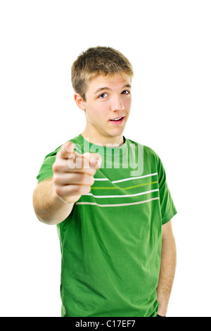 Serious young man pointing finger at camera isolated on white background Stock Photo