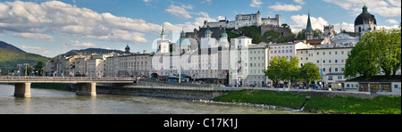 View of the historic centre of Salzburg and the Festung Hohensalzburg Fortress, River Salzach at front, Salzburg, Austria Stock Photo