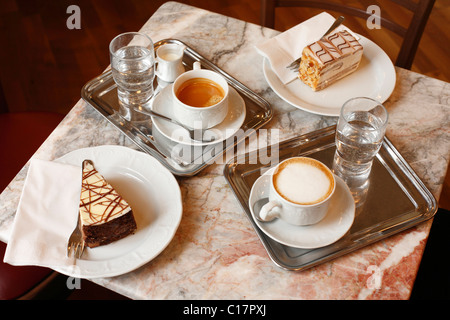 Coffee and cake, Viennese Melange, coffee with frothy milk and Grosser Brauner, café au lait, Vienna, Austria, Europe Stock Photo