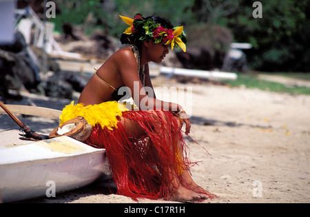 France, French Polynesia, the Society archipelago, Moorea, Tahitian dancer in the Tiki village Stock Photo