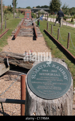 Sign beside a section of the Sumatra railway line, part of the Death Railway Memorial, National Memorial Arboretum, Alrewas, UK. Stock Photo
