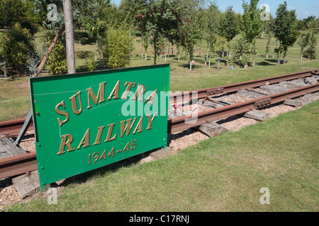 Sign beside a section of the Sumatra railway line, part of the Death Railway Memorial, National Memorial Arboretum, Alrewas, UK. Stock Photo