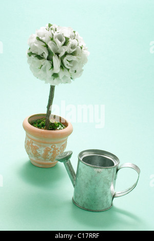 Miniature watering can and artificial pot plant Stock Photo