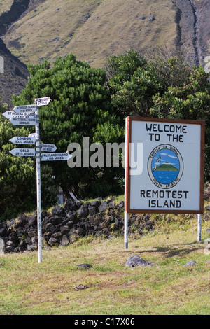 Signpost at the settlement of Edinburgh of the Seven Seas, on the Island of Tristan Da Cunha. South Atlantic Ocean. Stock Photo