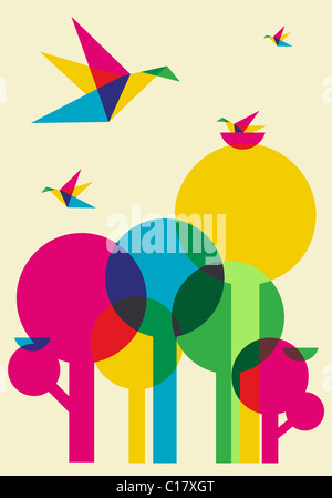 Spring time: multicolored humming birds playing in the forest. Vector file available. Stock Photo