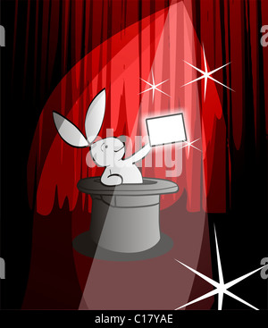 Illustration of a white rabbit going out of a black top hat showing a white banner to advise a text. Vector format available. Stock Photo