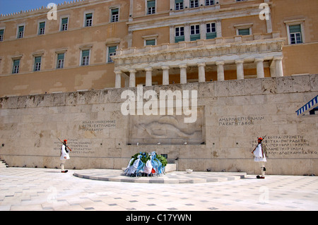 Evzones guards at the Greek Tomb of the Unknown Soldier. Athens Stock Photo