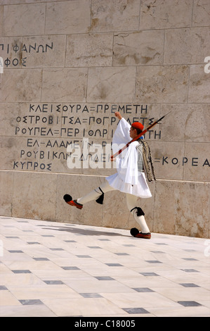 Evzones guards at the Greek Tomb of the Unknown Soldier. Athens Stock Photo