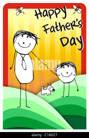 Colorfull hand writting illustration of a father, his son and their dog. Vector format available Stock Photo
