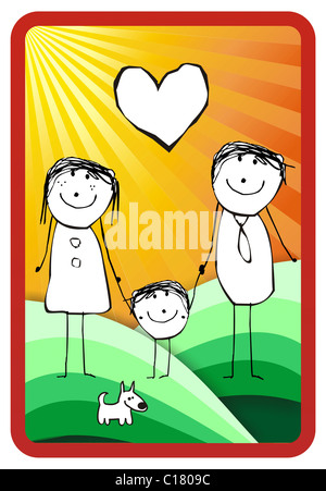 hand writting illustration of a happy family of three and their dog. Vector format available Stock Photo