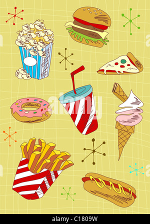 Cartoon style fast food icons set illustration. Vector avaliable. Stock Photo