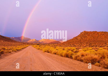 Rainbow over Buttermilk Country, Sierra Nevada Mountains, Bishop, California Stock Photo
