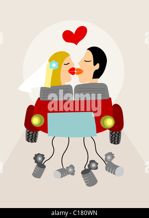 Just married couple hitting the road on a car with tied cans. Vector available Stock Photo