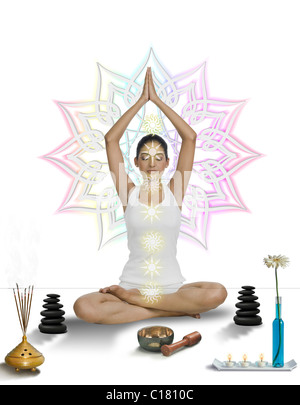 Illustrative representation showing seven primary Chakras of human body while doing meditation Stock Photo