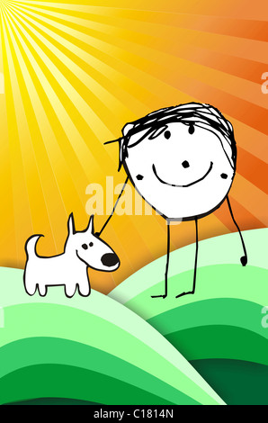 hand writting illustration of a happy kid playing with his dog. Vector format available Stock Photo
