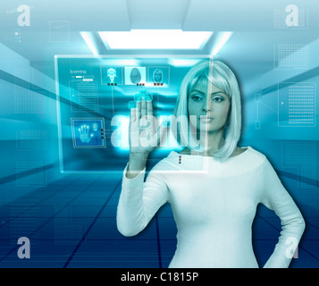Woman using biometrics system Stock Photo