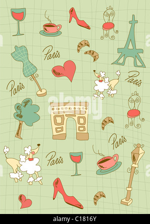 Hand made Paris icons on green background. Vector avaliable. Stock Photo