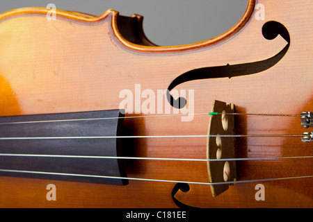 Close-up view of the bridge and strings of a violin. Focus is on the bridge and strings with the body slightly out of focus. Stock Photo