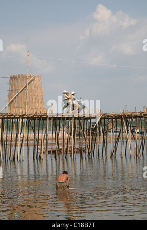 bamboo bridge at Kampong Cham, Cambodia Stock Photo
