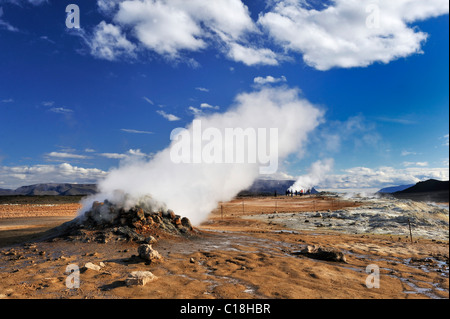 Fumaroles of Námaskarð, field of fumaroles at Námafjall Hill, the devil's kitchen, volcanic area of Krafla, Mývatn, Iceland Stock Photo