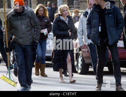 Angelina Jolie running barefoot with a bloody knee on the set of her upcoming spy thriller 'Salt' New York City, USA - 13.03.09 Stock Photo