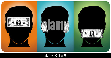 Three heads with their senses blocked by money. Vector available Stock Photo