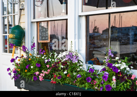 Camden Harbormaster's office at dawn, showing reflection of harbor and boats in the window Stock Photo