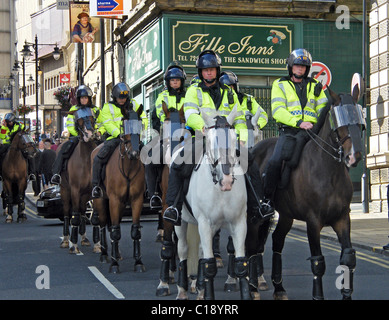 British Riot Police fight to control demonstrators of the EDL (English Defence League) at Bradford. Stock Photo